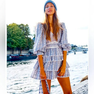 LOVESHACKFANCY Astor Striped Ruffle-Tiered Dress Blue & White Floral Long Sleeve